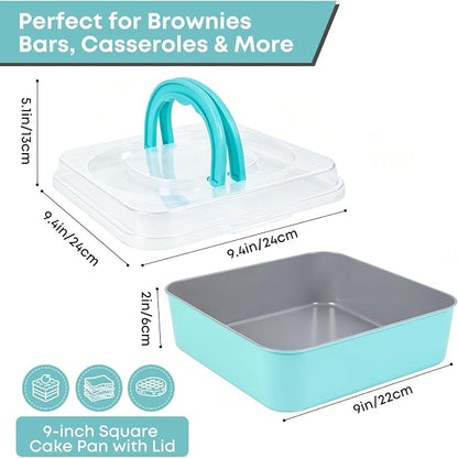9 Inch Square Cake Pan with Snap-Lock Lid, Nonstick Carbon Steel Brownie Pan with Foldable Handle, PTFE & PFOA Free, for Brownies Bars Casseroles