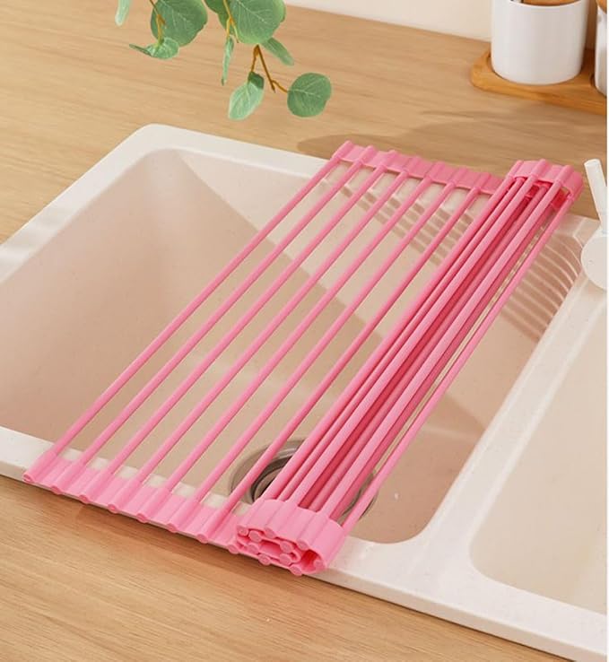 Roll Up Dish Drying Rack Over The Sink.Foldable Kitchen Drainer,Fully Silicone Cover Stainless Steel Bar,Heat-Resistant, Anti-Slip Sink Rack for Kitchen Counter Multipurpose.