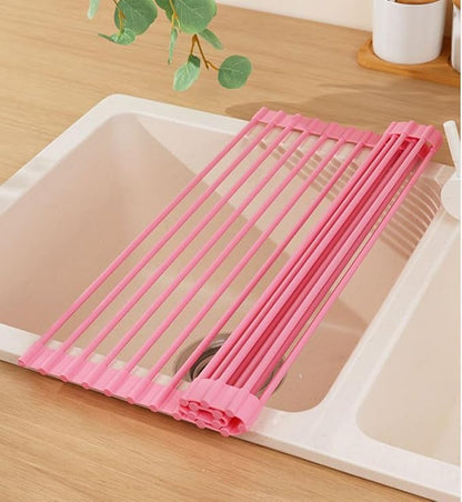 Roll Up Dish Drying Rack Over The Sink.Foldable Kitchen Drainer,Fully Silicone Cover Stainless Steel Bar,Heat-Resistant, Anti-Slip Sink Rack for Kitchen Counter Multipurpose.