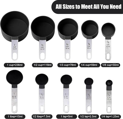 Measuring Cups and Spoons Set, 10-Piece Stackable Kitchen Tools with Stainless Steel Handles, Nesting Measurement Gadgets for Cooking & Baking (black)