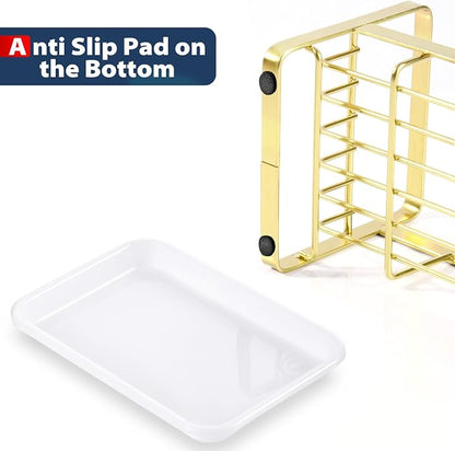 HULISEN Kitchen Sink Sponge Holder, 304 Stainless Steel Kitchen Soap Dispenser Organizer, Countertop Drainer with Removable Tray, not Including Dispenser and Brush, Gold