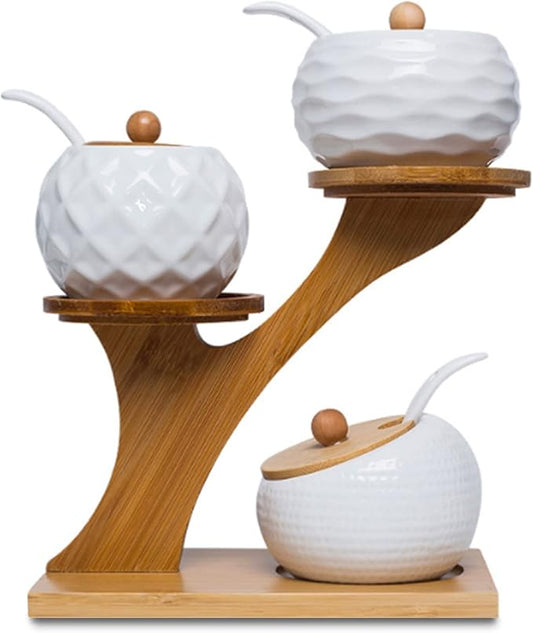 Porcelain Condiment Jar Set, Spice Jars with Bamboo Lids and Spoon, Wooden Tray, 170 ML (5.8 OZ), Used to Store Tea, Spices, Coffee, Set of 3(White)