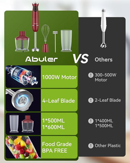 Immersion Blender 5 in 1 Hand Blender, Abuler 1000W Hand Mixer Stick,12 Speed Handheld Blender 304 Stainless Steel with 600ml Mixing Beaker, 500ml Chopper, Whisk and Milk Frother for Soup, Baby Food