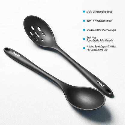 Silicone Slotted Spoons for Cooking - Extra Large Kitchen Spoons for Mixing, Serving, & Stirring - 600°F Heat-Resistant Non Stick Utensils Skimmer- Dishwasher Safe, Slotted, Black