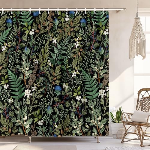 Vintage Botanical Shower Curtain, Elegant Boho Gothic Dark Green Ferns Floral Leaves Shower Curtain for Bathroom, Retro Whimsical Cottage Core Wildflower Farmhouse Curtain Bathroom Accessories 72X72