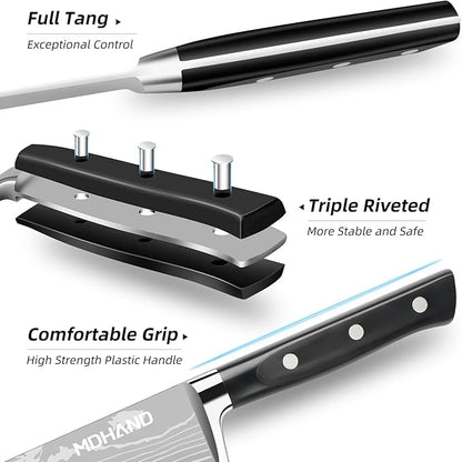 MDHAND Chef Knife Set with Roll Bag, 9PCS Professional Knife Set with Sharpener, High Carbon Stainless Steel Japanese Kitchen Knife Set - Forged Triple Rivet Handle, Dishwasher Safe, Chef Gifts, Black
