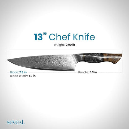 Damascus Kitchen Knife | 67-Layer Damascus Steel | 13” Professional Chef Knife | Ergonomic Wood & Resin Handle | Gift Box Included (Black, 1 Piece)