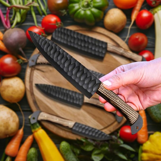 LEONA CRAFT® Hand-Forged Chef Knife Set | Hammered Steel Kitchen Knives with Full-Tang Wood Handles | Professional Cooking Tools for Home or Restaurant | 5-Piece Set with Leather Roll(017)