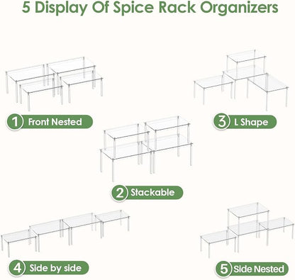 Delamu Cabinet Shelves, Clear Stackable Acrylic Storage Risers with Heavy Duty Support, Cabinet Organizer Shelf for Spices, Seasonings, Jars, Pantry, Kitchen Counter, Easy Assembly