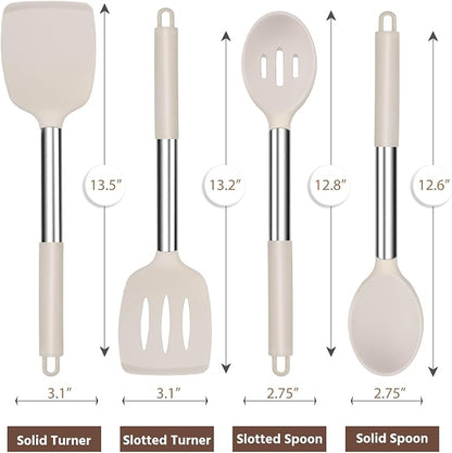 E-far Cooking Utensils Set of 4, Silicone Kitchen Utensils for Non-stick Cookware, Heat Resistant & Non-toxic Slotted Spatula Solid Spoon Turner for Flipping Mixing Serving Basting(Khaki)