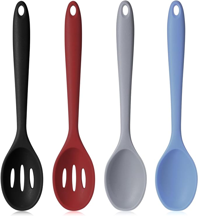 Boao 4 Pcs Silicone Spoons for Cooking 10.6 Inch Large Nonstick Serving Spoons Heat Resistant Slotted Spoon for Mixing & Stirring Kitchen Cooking Utensils, Dishwasher Safe(Mixed Colors)