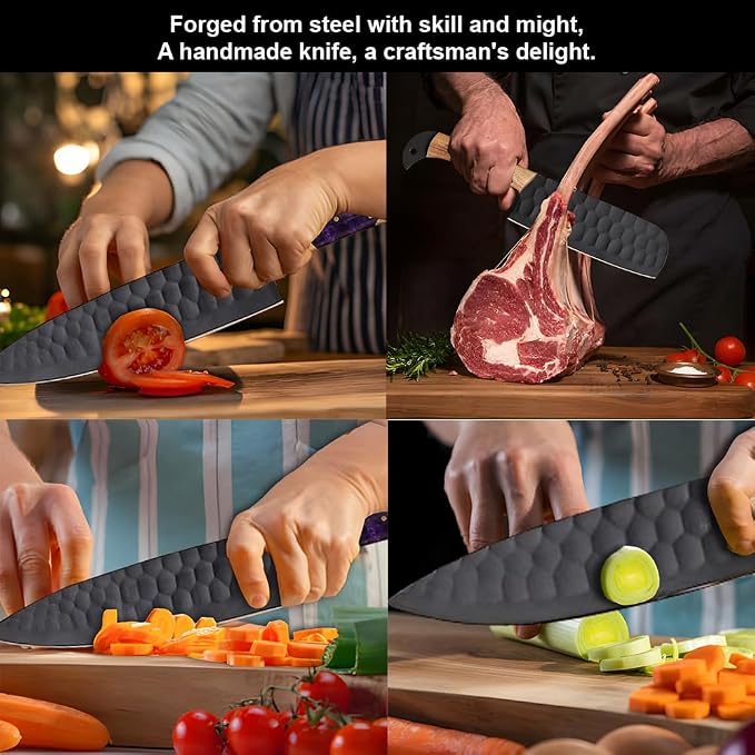 LEONA CRAFT® Hand-Forged Chef Knife Set | Hammered Steel Kitchen Knives with Full-Tang Wood Handles | Professional Cooking Tools for Home or Restaurant | 5-Piece Set with Leather Roll(017)