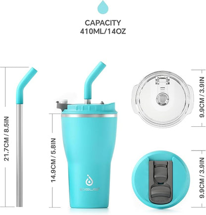 IDEUS Insulated Tumbler with Lid and Straw 14 oz, Stainless Steel Double-Wall Vacuum Leak-Proof Travel Coffee Mug, Cup Holder Friendly, Sky Blue