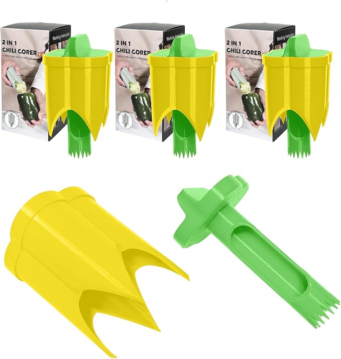 Green and yellow chili corer with packaging on a white background
