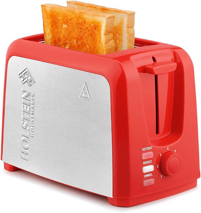 Holstein Housewares 2-Slice Toaster with 7 Browning Settings, Extra-Wide Slots, Reheat, Defrost, Cancel, High-Lift Release, Removable Crumb Tray – Compact Stainless Steel, Red
