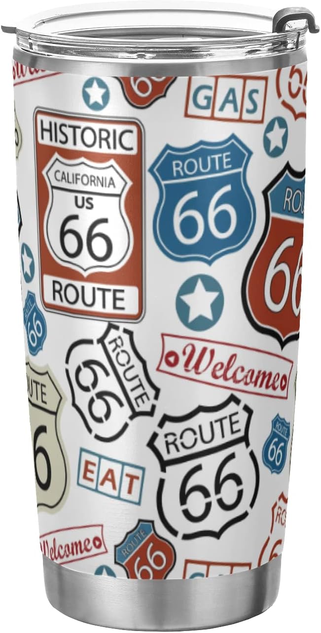 Tumbler Route 66 Cute Insulated Coffee Cup Beverage Container Travel Mug with Straw and Lid Double Wall Stainless Steel 20oz Holiday Gift
