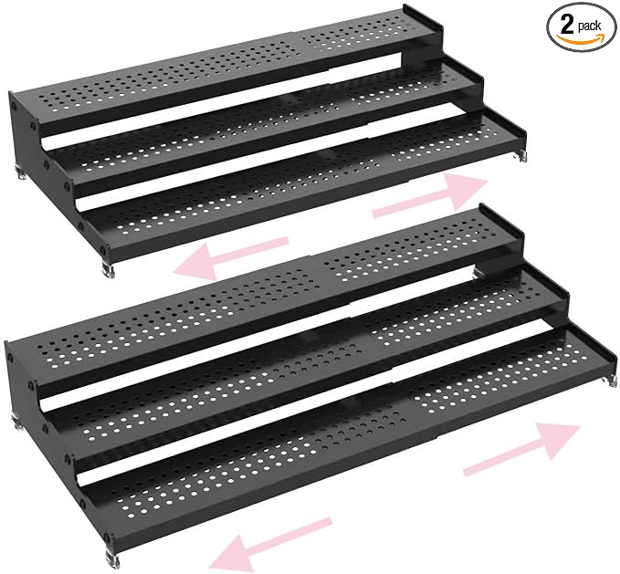 Step Can Organizer, Metal Tiered Spice Rack for Kitchen Counter, 3-Tier Storage Shelf for Canned Food （2Packs/Black/With holes