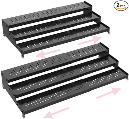 Step Can Organizer, Metal Tiered Spice Rack for Kitchen Counter, 3-Tier Storage Shelf for Canned Food （2Packs/Black/With holes