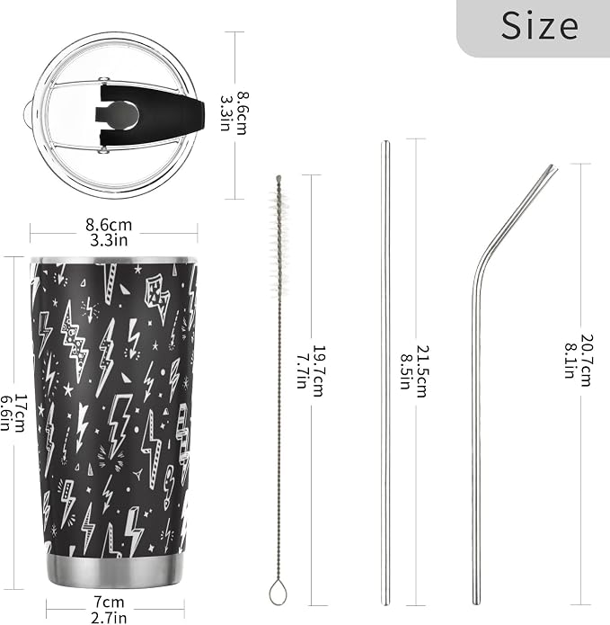 Tumbler Lightning Bolts Doodle Insulated Coffee Cup Beverage Container Travel Mug with Straw and Lid Double Wall Stainless Steel 20oz Holiday Gift