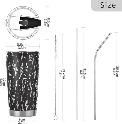 Tumbler Lightning Bolts Doodle Insulated Coffee Cup Beverage Container Travel Mug with Straw and Lid Double Wall Stainless Steel 20oz Holiday Gift