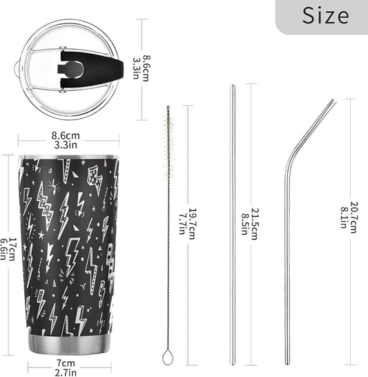 Tumbler Lightning Bolts Doodle Insulated Coffee Cup Beverage Container Travel Mug with Straw and Lid Double Wall Stainless Steel 20oz Holiday Gift