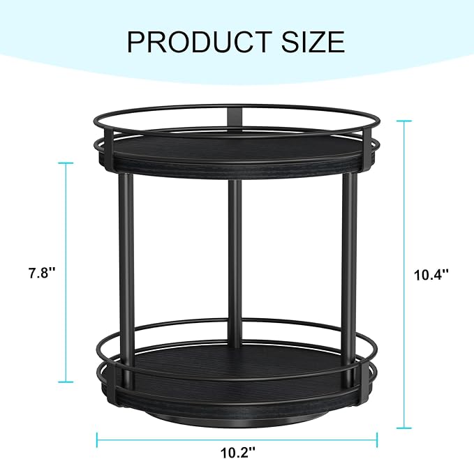Snughome Lazy Susan Spice Rack, 2 Tier Rotating Spice Rack, Wood Lazy Susan Organizer for Cabinet, Black Kitchen Counter Shelf, 10.2" x 10.2" x 10.4"