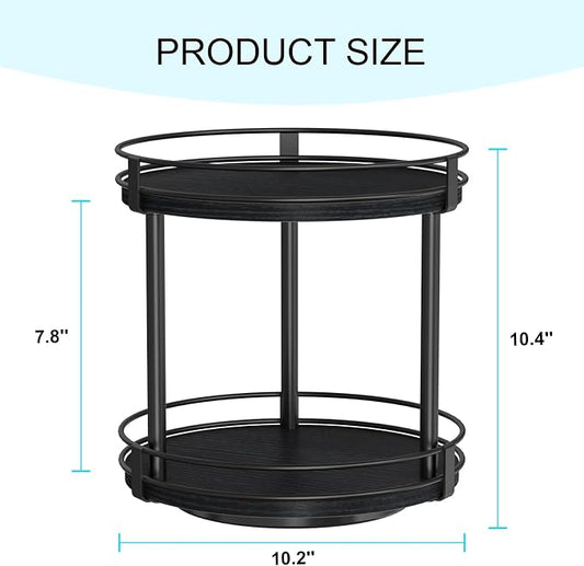 Snughome Lazy Susan Spice Rack, 2 Tier Rotating Spice Rack, Wood Lazy Susan Organizer for Cabinet, Black Kitchen Counter Shelf, 10.2" x 10.2" x 10.4"