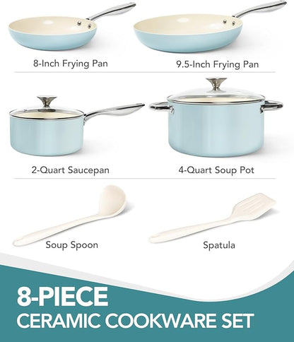 MICHELANGELO Pots and Pans Set Non Stick, 8-Piece Ti-infused Ceramic Cookware Set with Silicone Utensils - Induction Compatible, Oven Safe, PFOA-Free, Blue