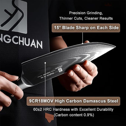 5-Piece Damascus Chef Knife Set: High Carbon Stainless Steel, Professional Ultra Sharp Kitchen Knife Set with Ergonomic Black Handle - Chef/Santoku/Paring/Bread/Brisket/Boning Knives in Gift Box