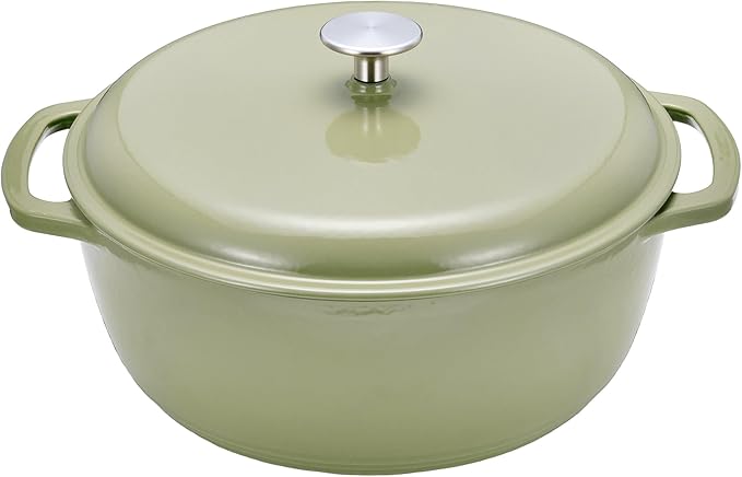 Amazon Basics Cast Iron Dutch Oven Pot with Lid, Enameled, Round, Dual Handles, Heavy-Duty, Large, 7.3-quart, Olive