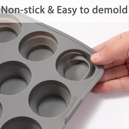 9-Cavity Silicone Mold Pan for Tiered Mini Cakes, Set of 2, Non-Stick Collapsible Cupcake Baking Tray for Muffin, Grey