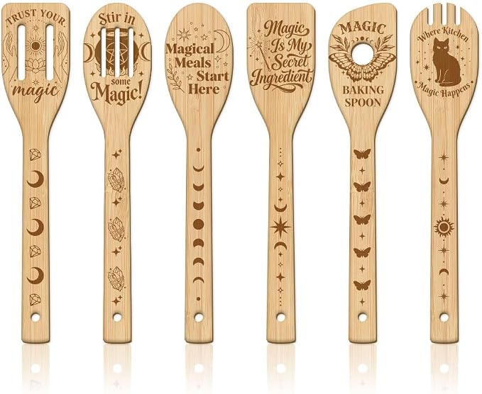 GLOBLELAND 6 Pcs Magic Wizard Words Wooden Spoons Utensil Set Magical Black Cat Bamboo Carving Kitchen Cooking Utensils Wooden Engraved Cooking Spatula Sets for Kitchen Fun House Warming Gift