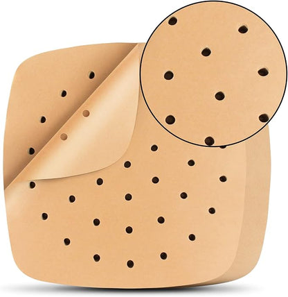 Air Fryer Liners, 200Pcs Square, 8.5 Inch Perforated Parchment Paper Sheets for Baking, HOFHTD Parchment Paper for Air Fryer and Bamboo Steaming Basket (Unbleached)
