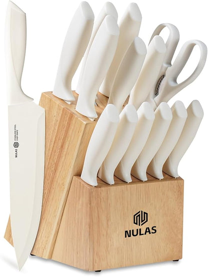 15-Piece Kitchen Knife Block Set with Built-in Sharpener, Upgraded Non-Stick Coating Blades, Ergonomic Handles, Dishwasher Safe, Cream