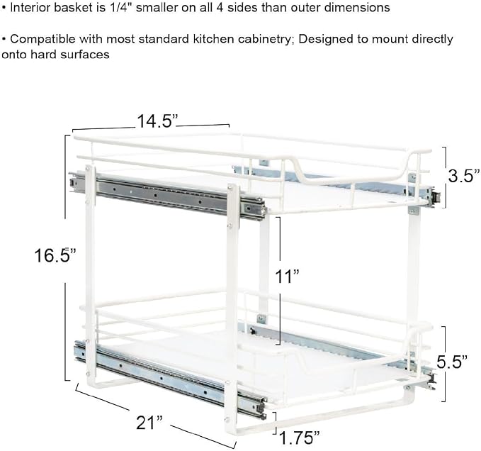 Household Essentials Glidez Multipurpose Paint-Finished Steel Pull-Out/Slide-Out Storage Organizer for Under Cabinet Use - 2-Tier Design - Fits Standard Size Cabinet or Shelf, White