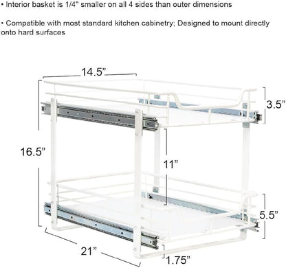 Household Essentials Glidez Multipurpose Paint-Finished Steel Pull-Out/Slide-Out Storage Organizer for Under Cabinet Use - 2-Tier Design - Fits Standard Size Cabinet or Shelf, White