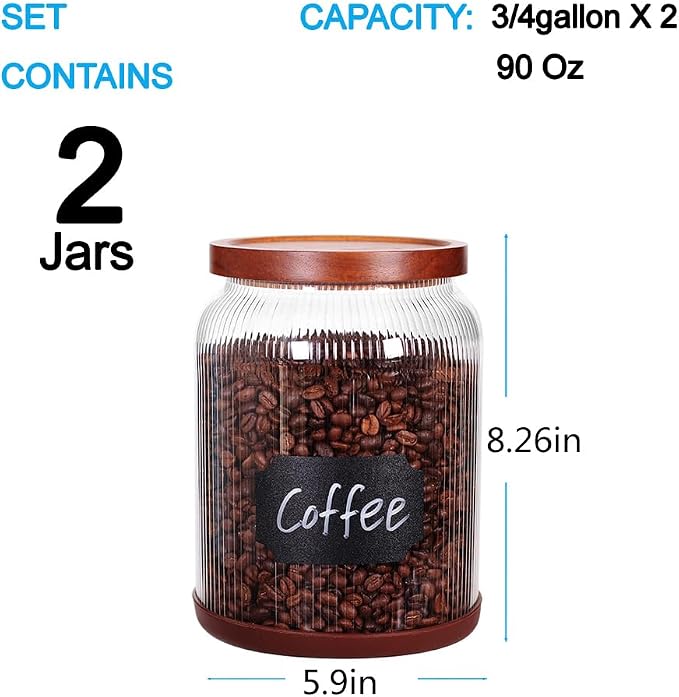 SAIOOL 2-Pack Striped Borosilicate Glass Airtight Canisters - Big mouth Large Capacity, Acacia Wood Lid, Food Storage Jars for Flour, Pasta, Pantry Organization (3/4 Gallon （2 Striped pack）)