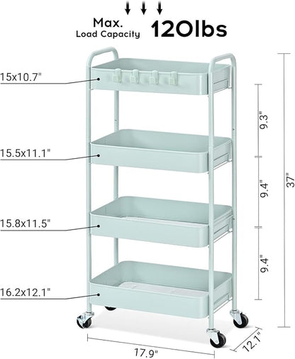 TOOLF 4-Tier Rolling Cart - Metal Storage Organizer with Lockable Wheels, 44 lbs Per Shelf Capacity, Tool-Free Assembly, for Kitchen Bathroom Office Laundry Room Nursery, Green