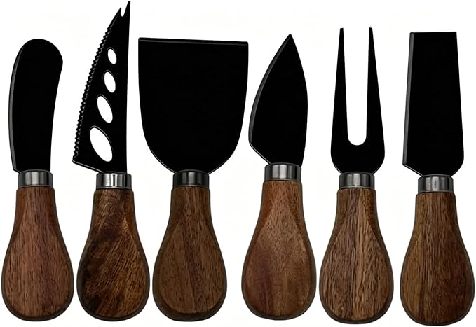 6 Piece Cheese Knives Set with Wooden Handle, Mini Steel Stainless Cheese knife set for Charcuterie and Cheese spread, Perfect for Cheese Slicer and Butter Cutter (Acacia-Black Box)