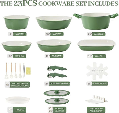 Ceramic Cookware Set 23Pcs Non Stick Pots and Pans Non Toxic with Detachable Handle Induction Kitchen Cookware Set Space Saving, Oven & Dishwasher Safe, Forest Green