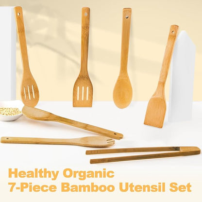 Eisinly Wooden Spoons for Cooking 7-Piece, Kitchen Nonstick Bamboo Cooking Utensils Set, Carbonized Bamboo Durability Spatula Spoon for Everyday Use
