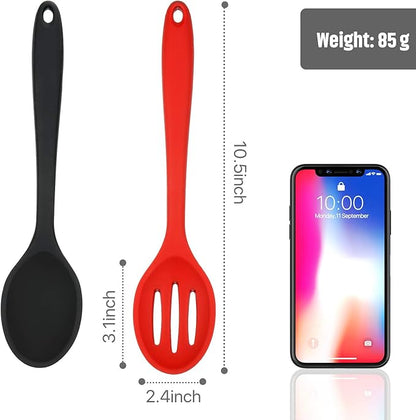 Boao 4 Pcs Silicone Spoons for Cooking 10.6 Inch Large Nonstick Serving Spoons Heat Resistant Slotted Spoon for Mixing & Stirring Kitchen Cooking Utensils, Dishwasher Safe(Red, Black)
