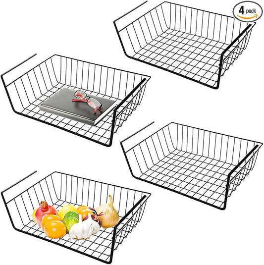Under Shelf Storage Basket, Hanging Shelf Basket Slides Under Shelves for Storage Metal Under Cabinet Shelf Basket Organizer for Kitchen Pantry Desk Bookshelf (Black Pack of 4)