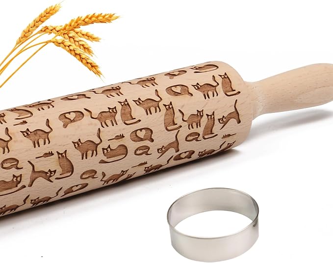 Embossed Rolling Pin for Baking Cookies Embossing Rolling Pins with Design Wooden Engraved Springerle Roller Pin Dough Animal Patterned Clay Pottery Ceramic Stamp Gifts Bakers Women (Cat & Heart)
