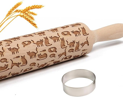 Embossed Rolling Pin for Baking Cookies Embossing Rolling Pins with Design Wooden Engraved Springerle Roller Pin Dough Animal Patterned Clay Pottery Ceramic Stamp Gifts Bakers Women (Cat & Heart)