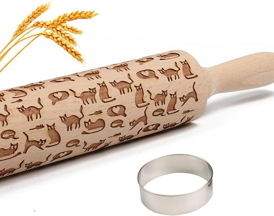 Embossed Rolling Pin for Baking Cookies Embossing Rolling Pins with Design Wooden Engraved Springerle Roller Pin Dough Animal Patterned Clay Pottery Ceramic Stamp Gifts Bakers Women (Cat & Heart)
