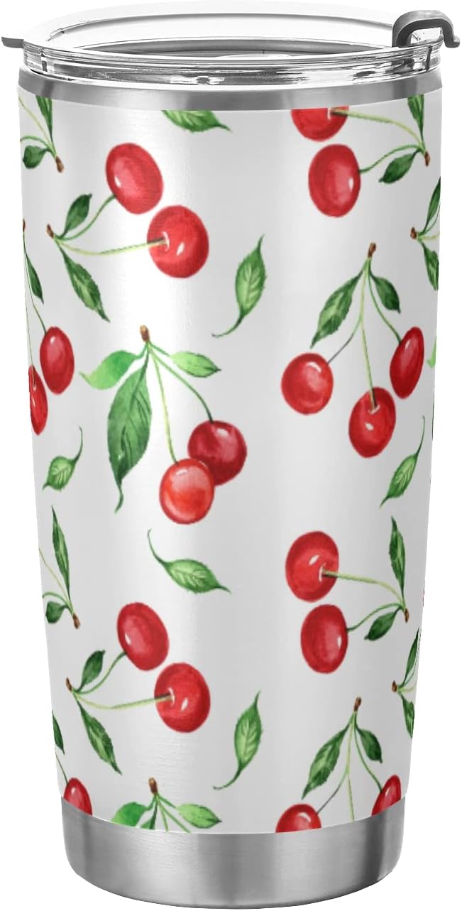 Tumbler Cherry Green Leaves Insulated Office Coffee Cup Back to School Beverage Container Travel Mug with Straw and Lid Double Wall Stainless Steel 20oz