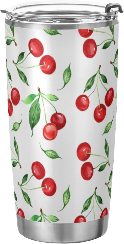 Tumbler Cherry Green Leaves Insulated Office Coffee Cup Back to School Beverage Container Travel Mug with Straw and Lid Double Wall Stainless Steel 20oz