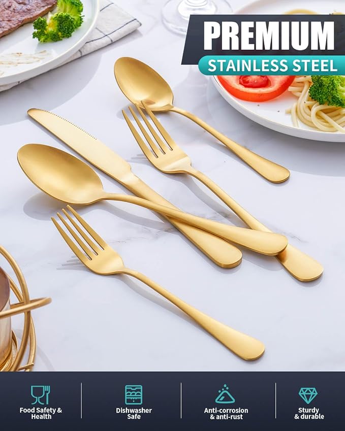 Matte Gold Silverware Set with Steak Knives,Stainless Steel Flatware Set for 6,Modern Cutlery Utensils Set,Spoons and Forks Set for Restaurant,Dishwasher Safe (Gold, 20 Piece Set)