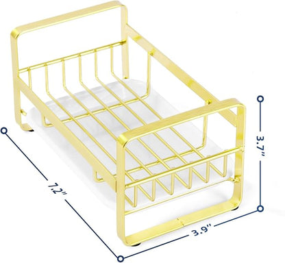 HULISEN Kitchen Sink Sponge Holder, 304 Stainless Steel Kitchen Soap Dispenser Organizer, Countertop Drainer with Removable Tray, not Including Dispenser and Brush, Gold